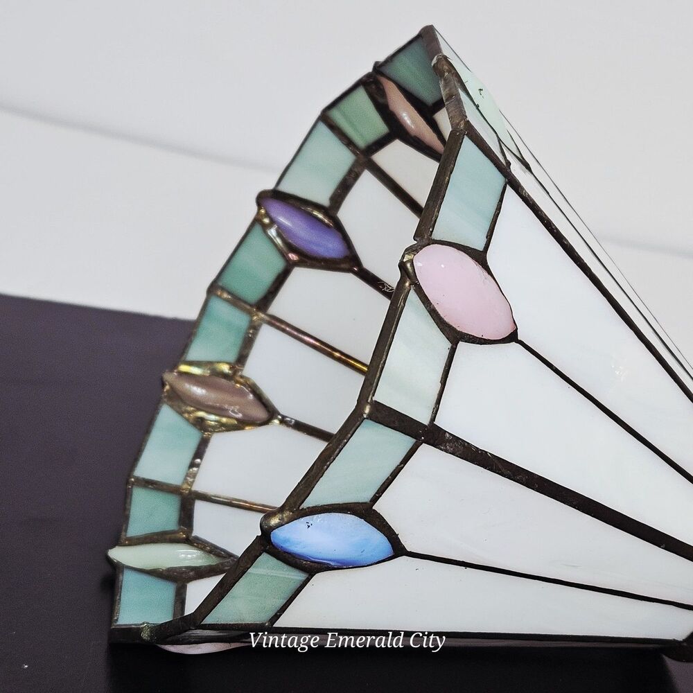Vtg Antique Tiffany-style Stained Glass Lamp Shade Brass-White Teal Pink Mexico - Picture 9 of 12